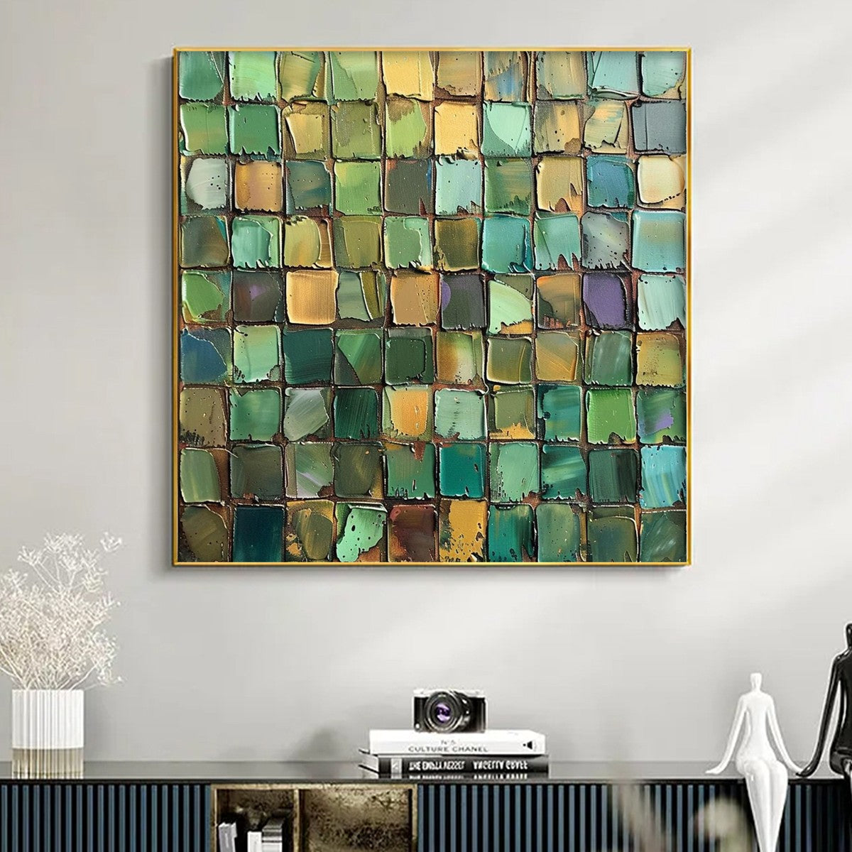EMERALD MOSAIC: Textured Abstract Green and Gold Oil Painting - Image 2