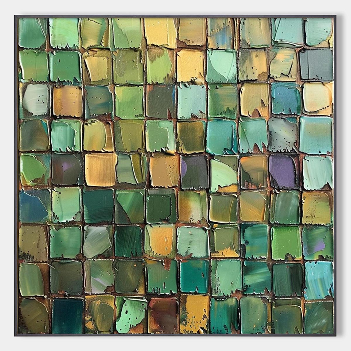 EMERALD MOSAIC: Textured Abstract Green and Gold Oil Painting