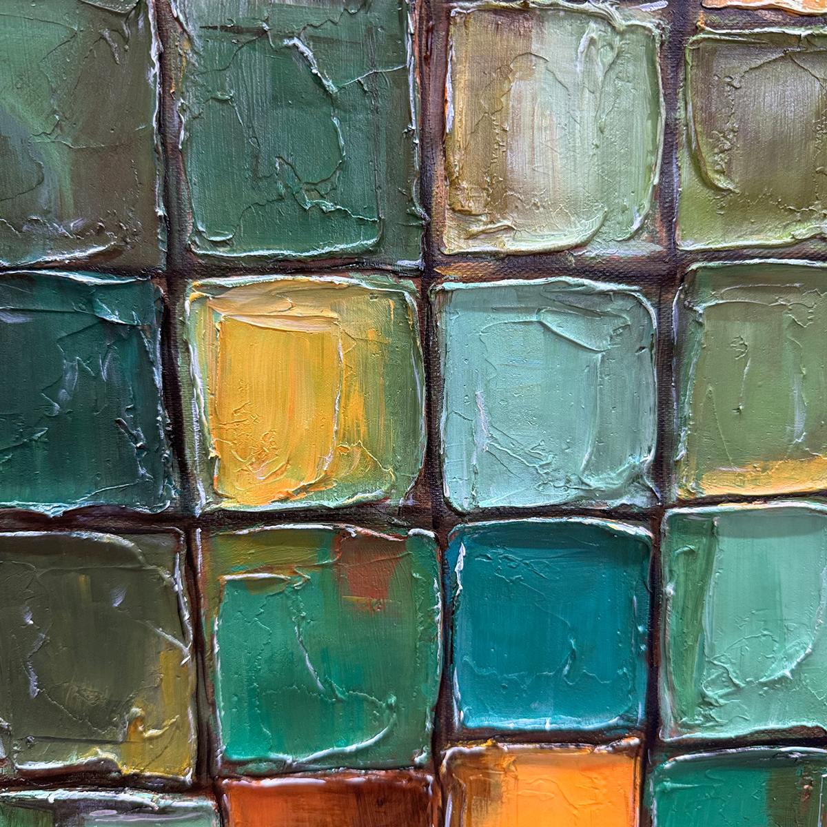 EMERALD MOSAIC: Textured Abstract Green and Gold Oil Painting - Image 4