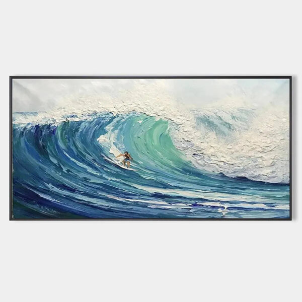 EMERALD SURGE: Textured Blue Ocean Wave Painting with Surfer