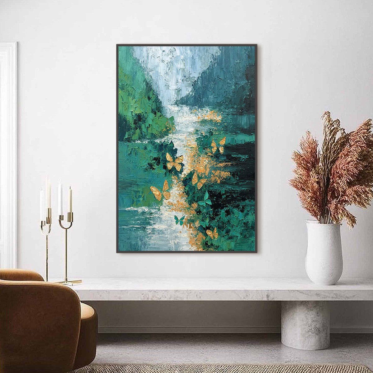 EMERGENCE: Textured Impasto River Painting with Golden Butterflies - Image 2