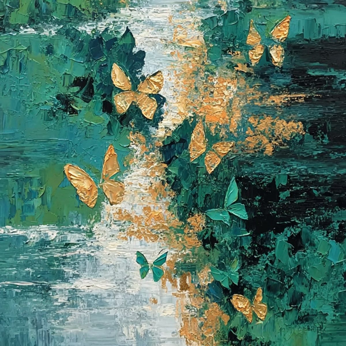 EMERGENCE: Textured Impasto River Painting with Golden Butterflies - Image 3