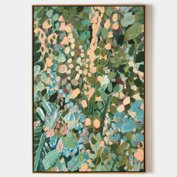 ENCHANTED GARDEN: Vertical Abstract Floral Painting in Green, Blue, and Peach