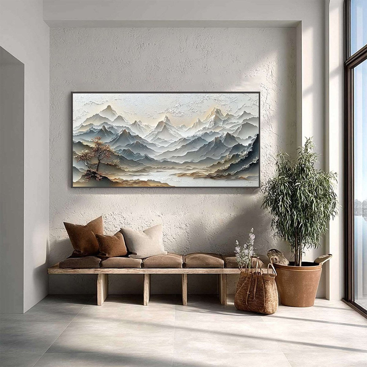 ETERNAL HORIZONS: Textured Wabi Sabi Mountain Landscape Painting - Image 4