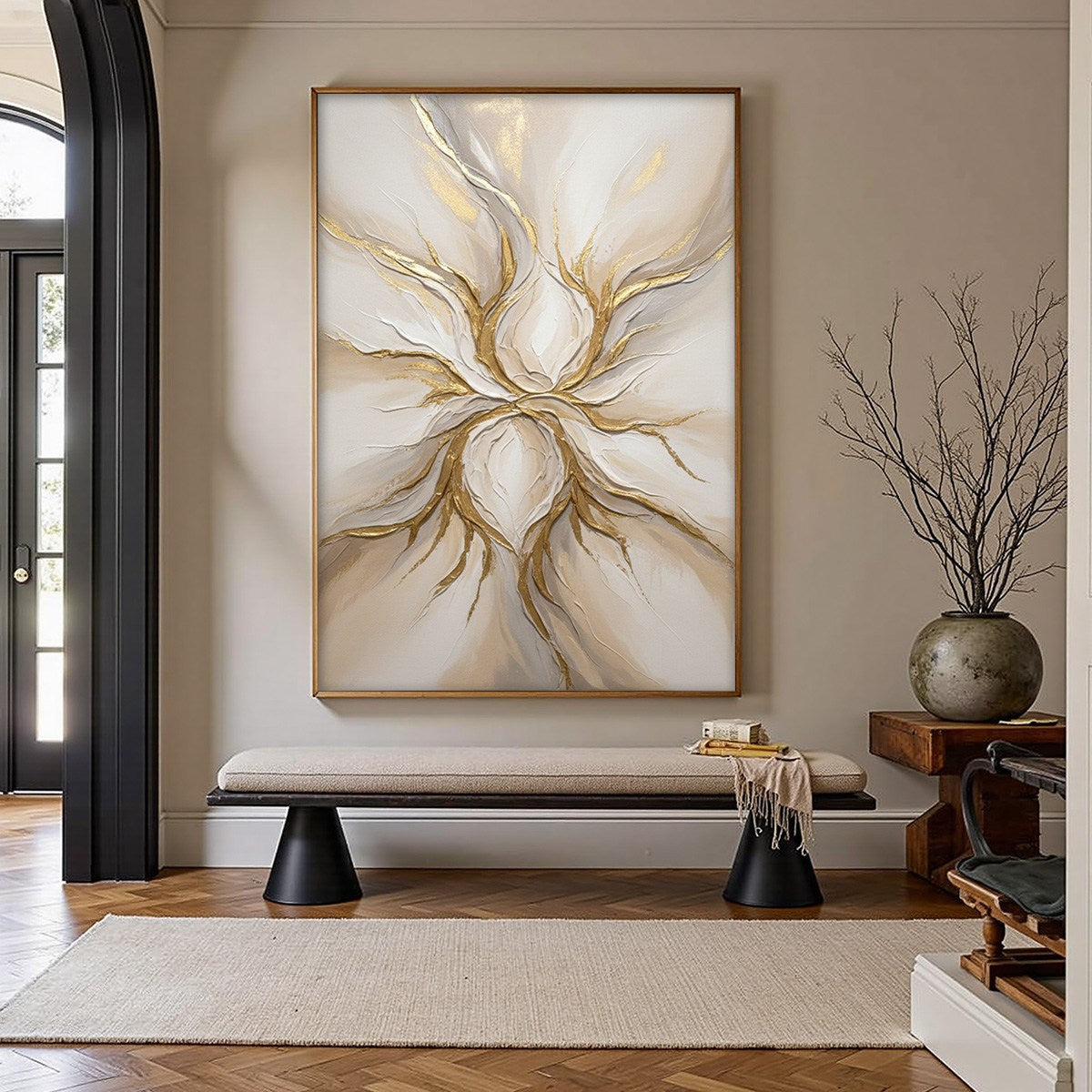 ETHEREAL BLOOM: Textured Gold & White Abstract Floral Painting - Image 4