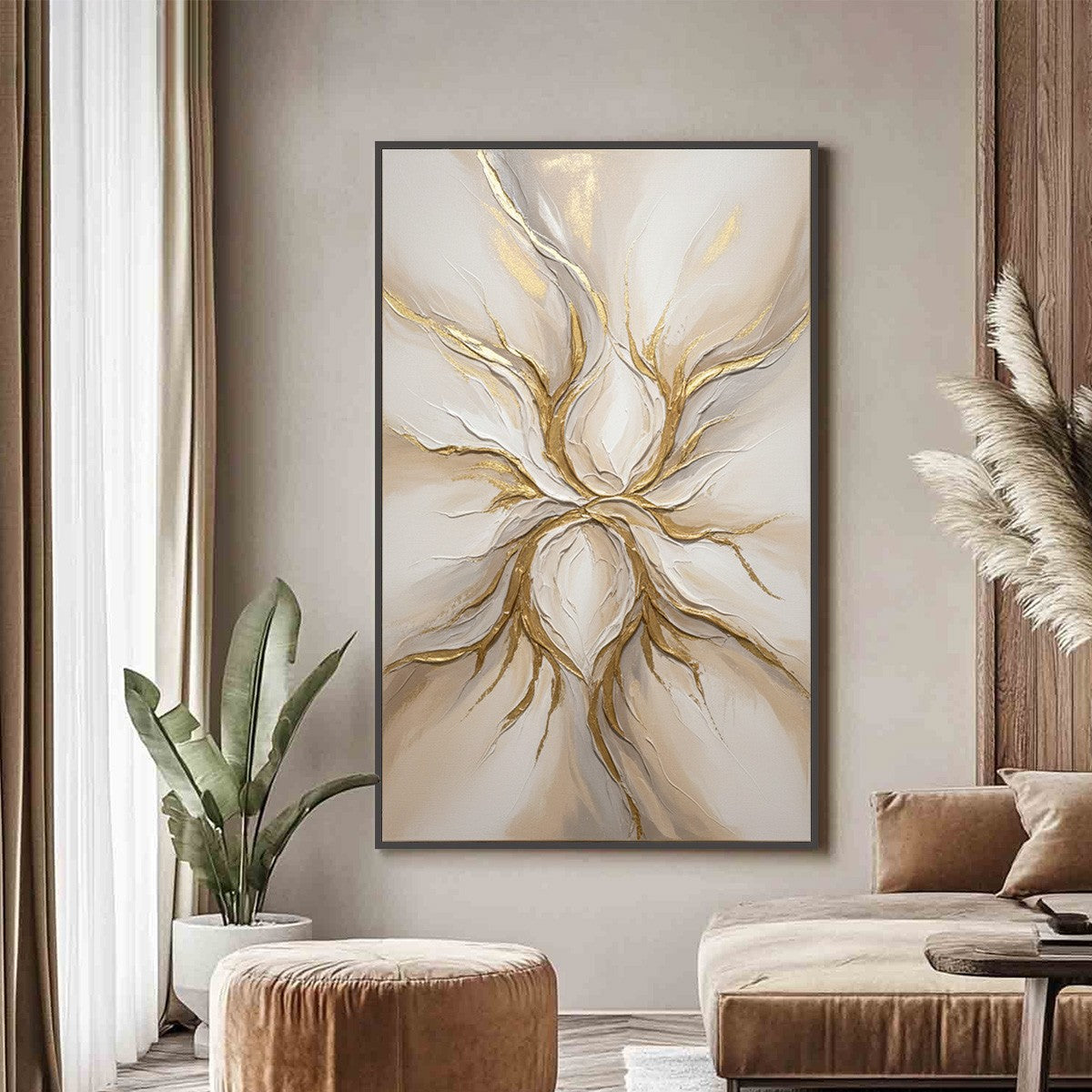 ETHEREAL BLOOM: Textured Gold & White Abstract Floral Painting - Image 2