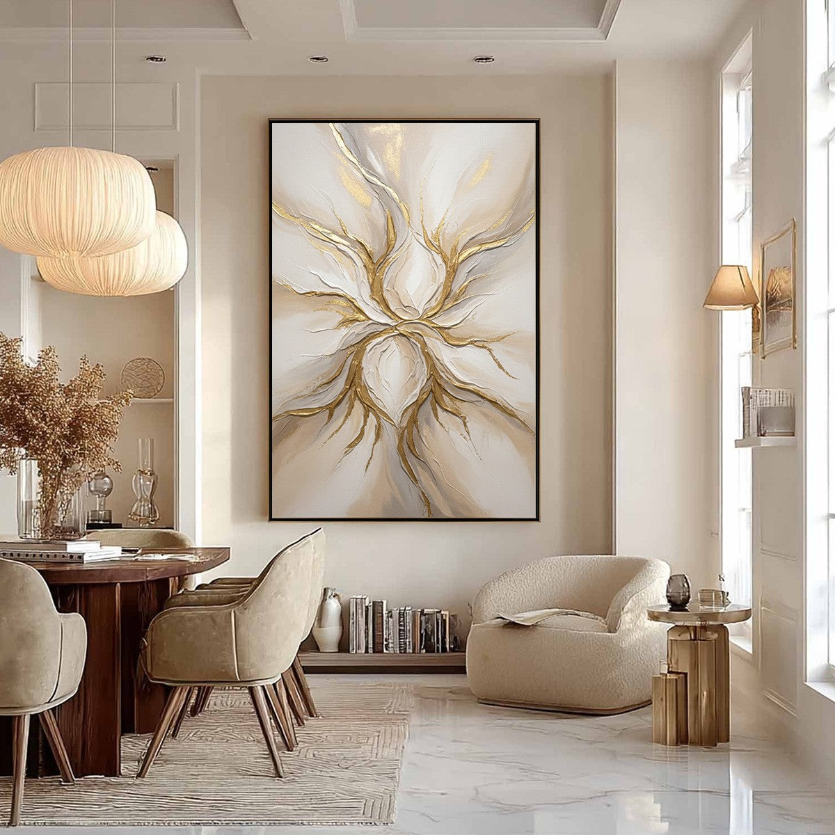 ETHEREAL BLOOM: Textured Gold & White Abstract Floral Painting - Image 6