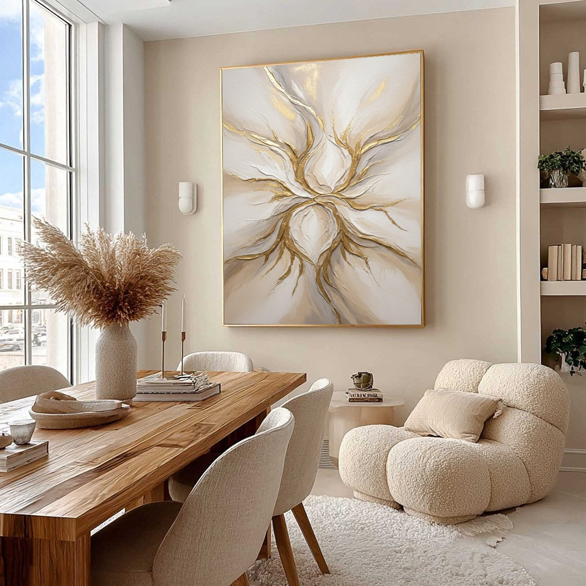 ETHEREAL BLOOM: Textured Gold & White Abstract Floral Painting - Image 7