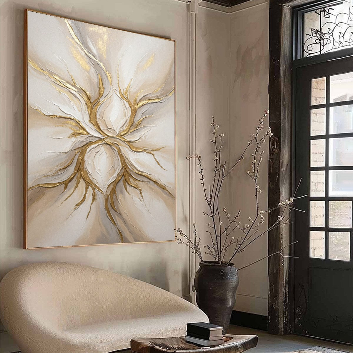 ETHEREAL BLOOM: Textured Gold & White Abstract Floral Painting - Image 8