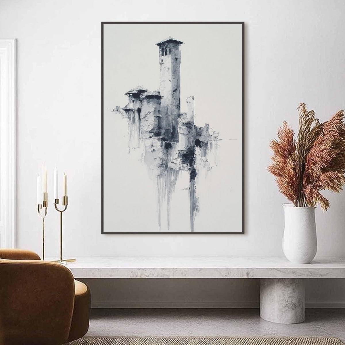 ETHEREAL CITADEL: Minimalist Monochrome Architectural Painting - Image 2