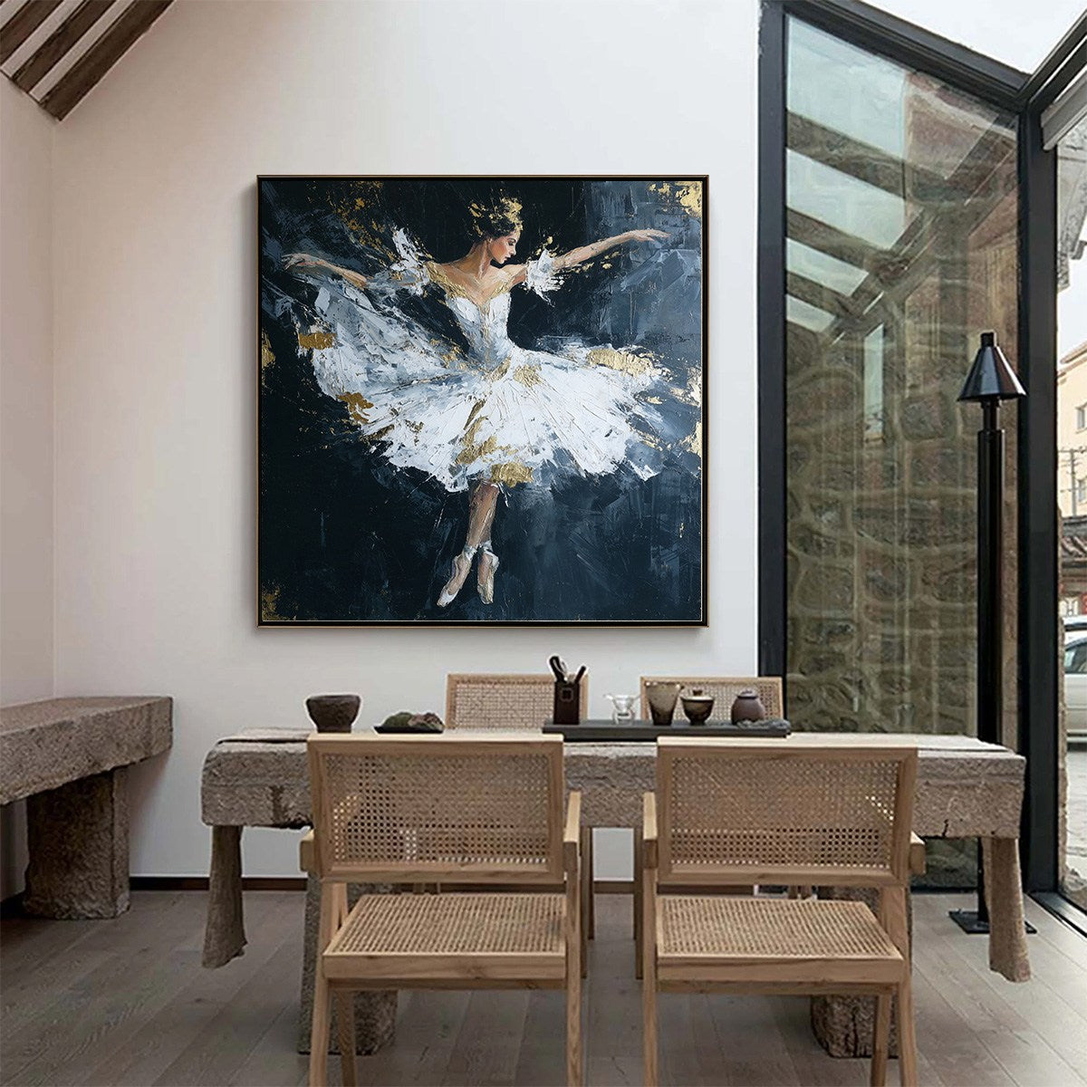 ETHEREAL POISE: Textured Gold Leaf Ballerina Painting - Image 4