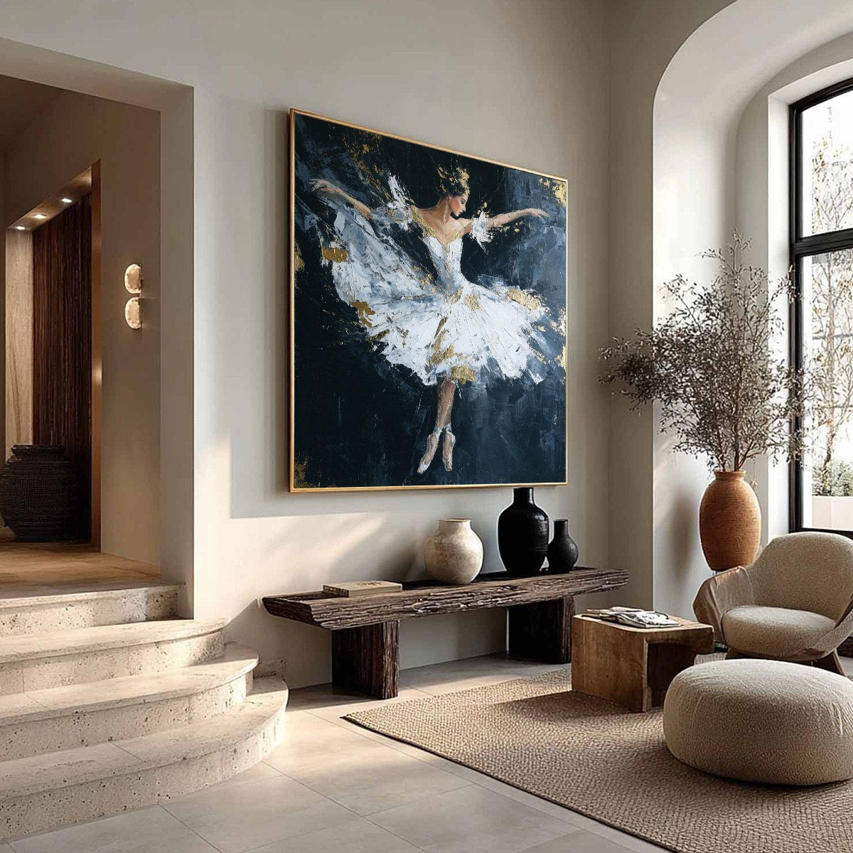 ETHEREAL POISE: Textured Gold Leaf Ballerina Painting - Image 8