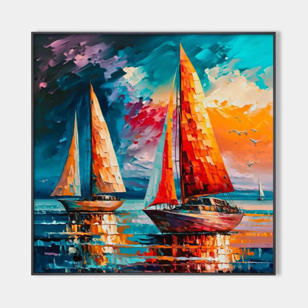 EVENING SAIL: Square Sailboat Painting, Colorful Sunset