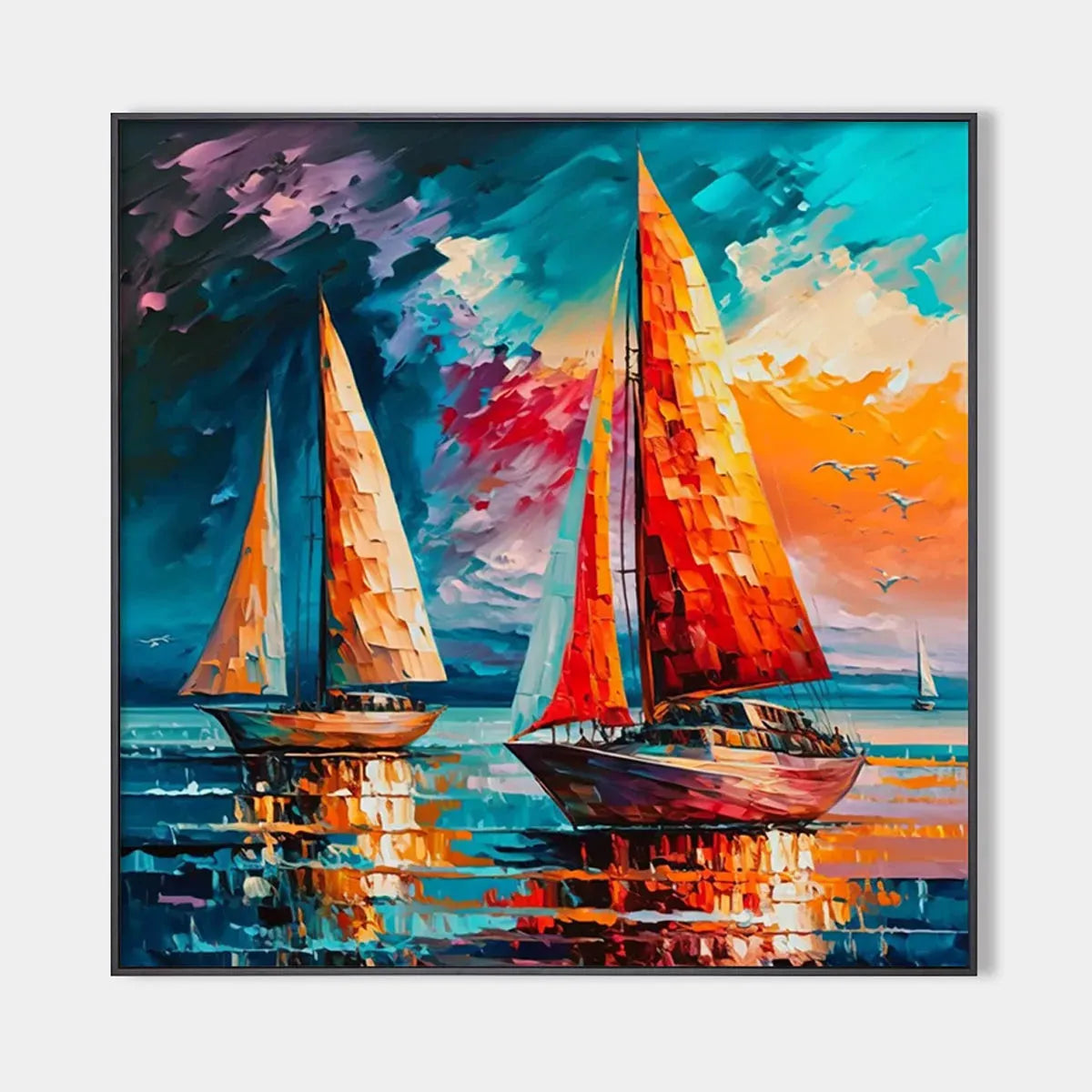 EVENING SAIL: Square Sailboat Painting, Colorful Sunset