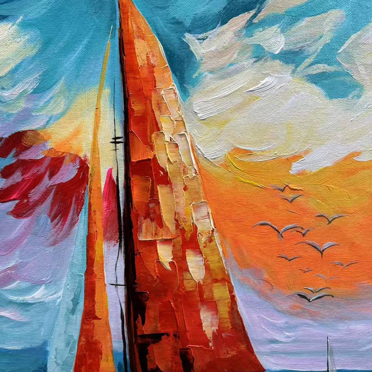 EVENING SAIL: Square Sailboat Painting, Colorful Sunset - Image 6