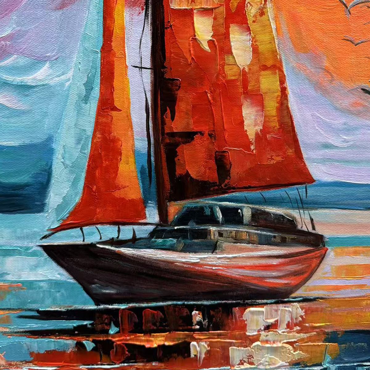 EVENING SAIL: Square Sailboat Painting, Colorful Sunset - Image 3