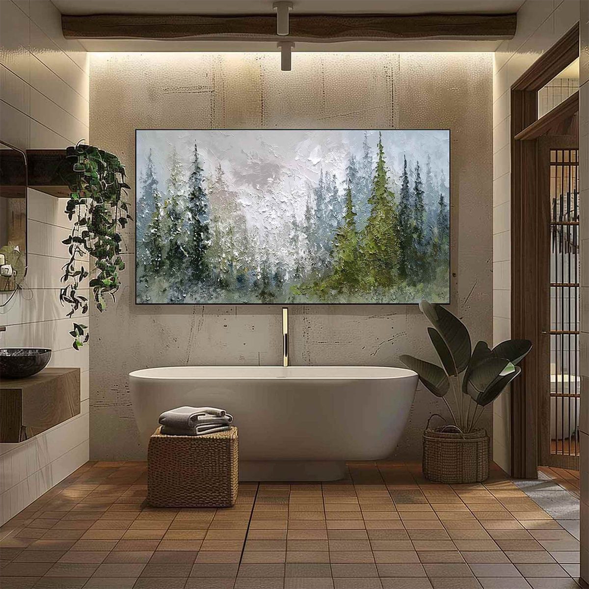 EVERGREEN SERENITY: Textured Impasto Pine Forest Landscape Painting - Image 6