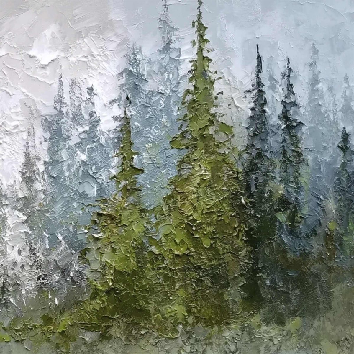 EVERGREEN SERENITY: Textured Impasto Pine Forest Landscape Painting - Image 5