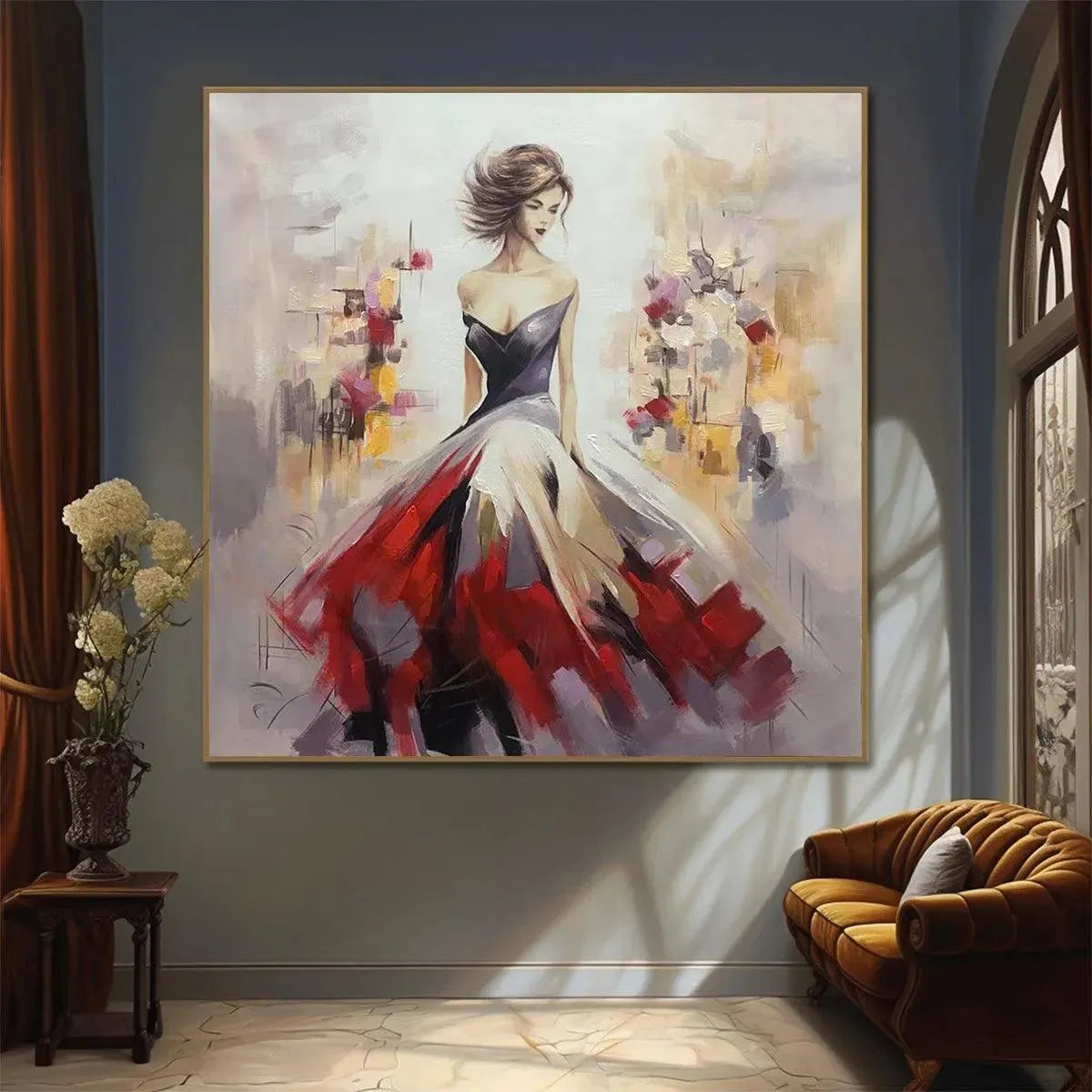 Elegant Lady in Red Dress Oil Painting - Abstract Art - Image 2