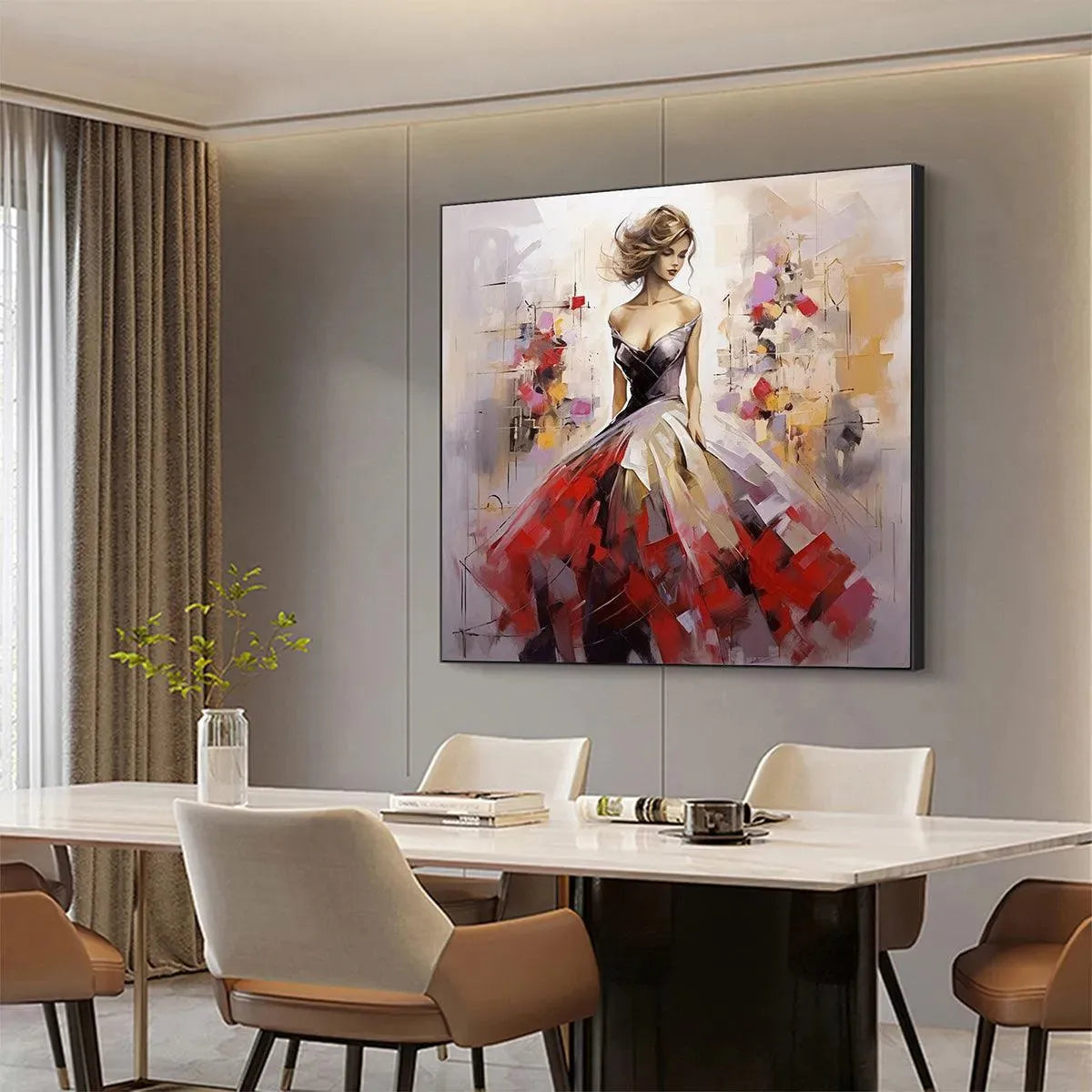 Elegant Lady in Red Dress Oil Painting - Abstract Art - Image 4