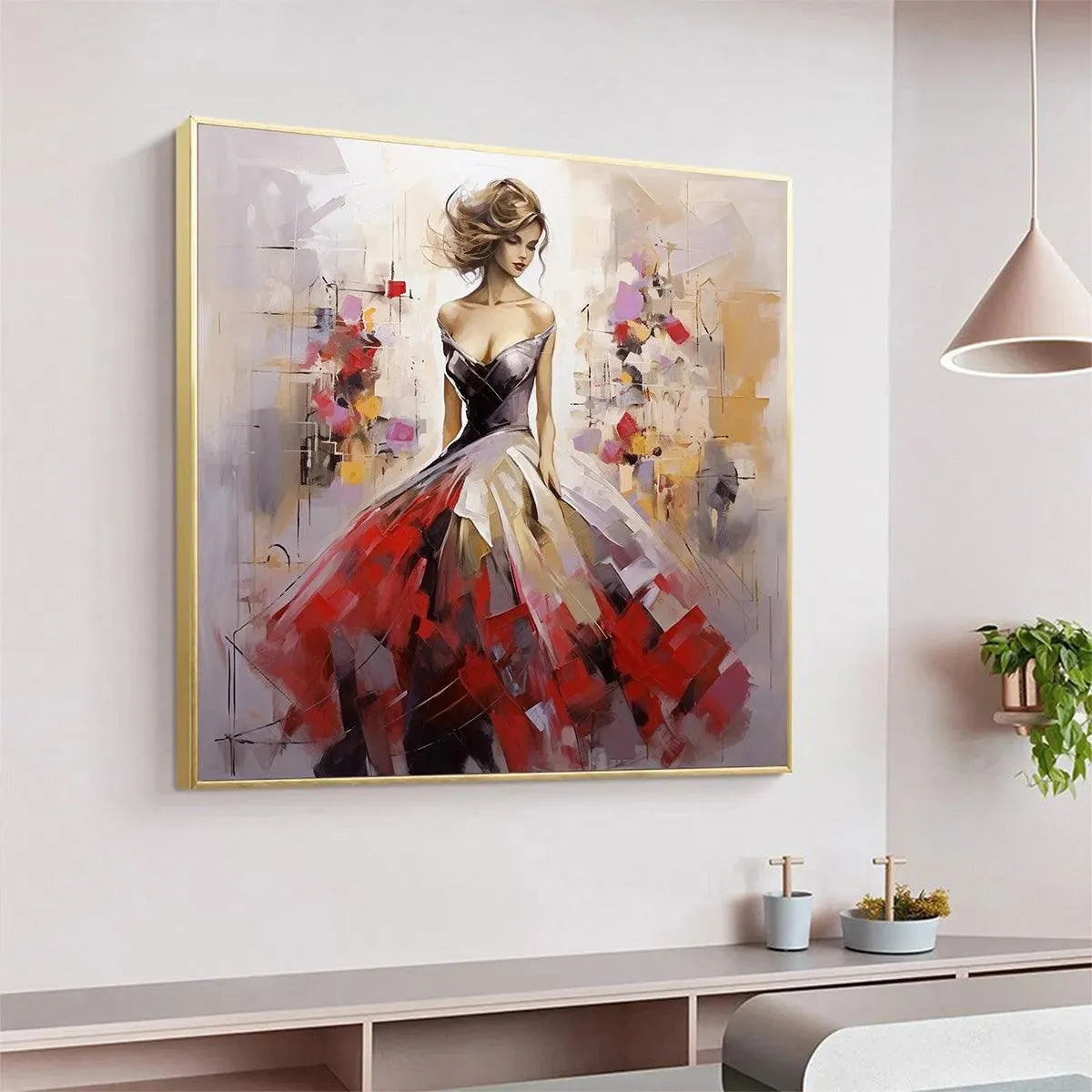Elegant Lady in Red Dress Oil Painting - Abstract Art - Image 5