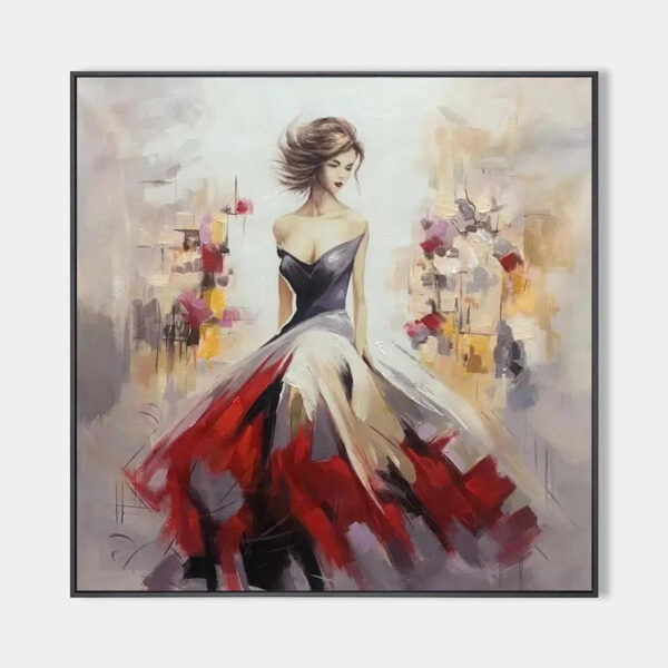 Elegant Lady in Red Dress Oil Painting - Abstract Art