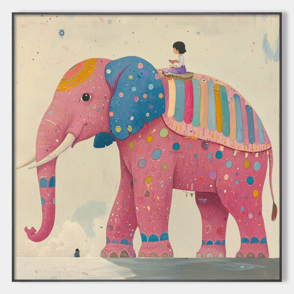 ELEPHANT DREAMS: Whimsical Pink Elephant and Child Oil Painting