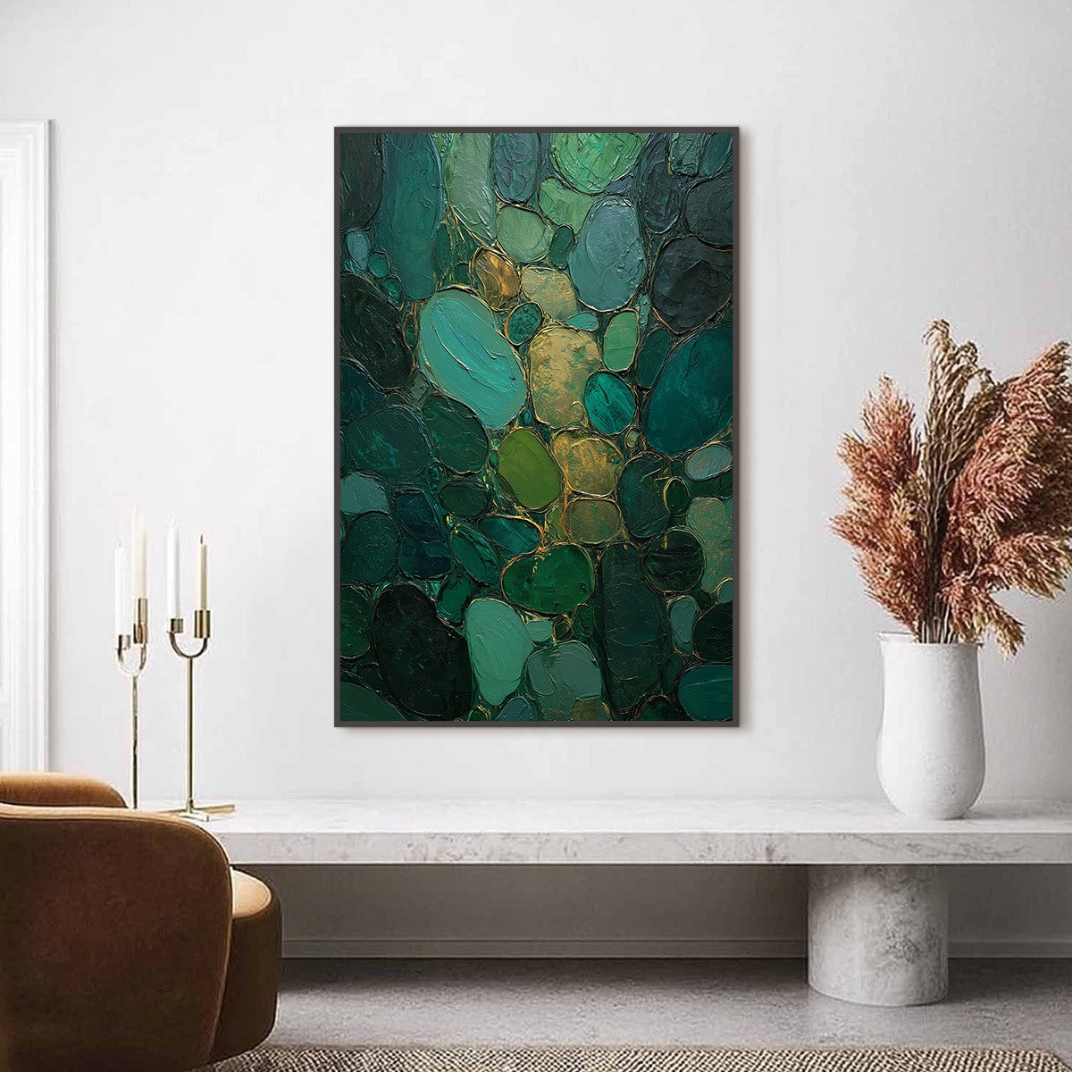 Emerald Riverbed Green Gold Textured Abstract Oil Painting - Image 2