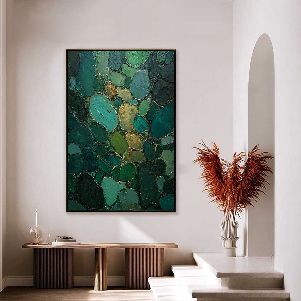 Emerald Riverbed Green Gold Textured Abstract Oil Painting - Image 4