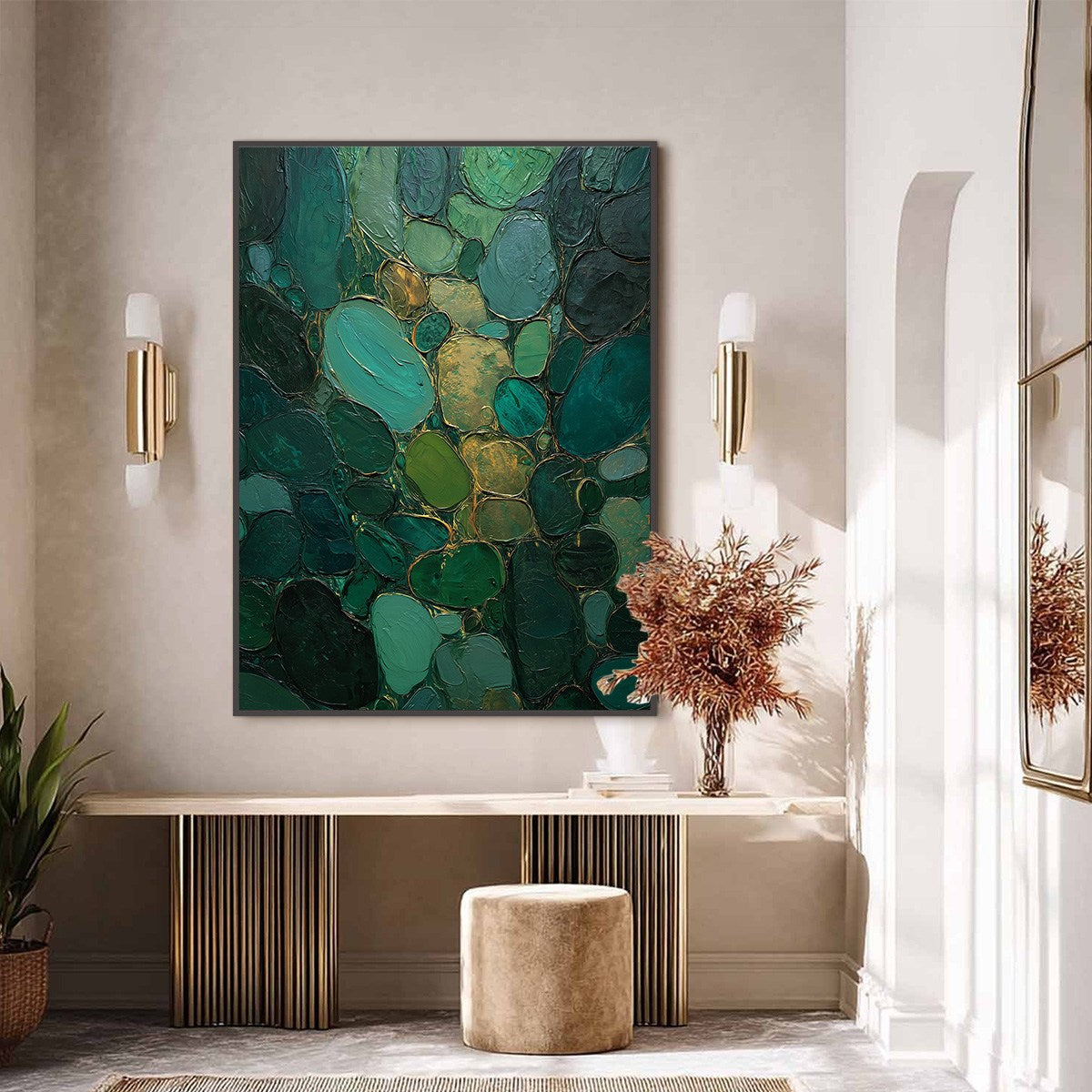 Emerald Riverbed Green Gold Textured Abstract Oil Painting - Image 6