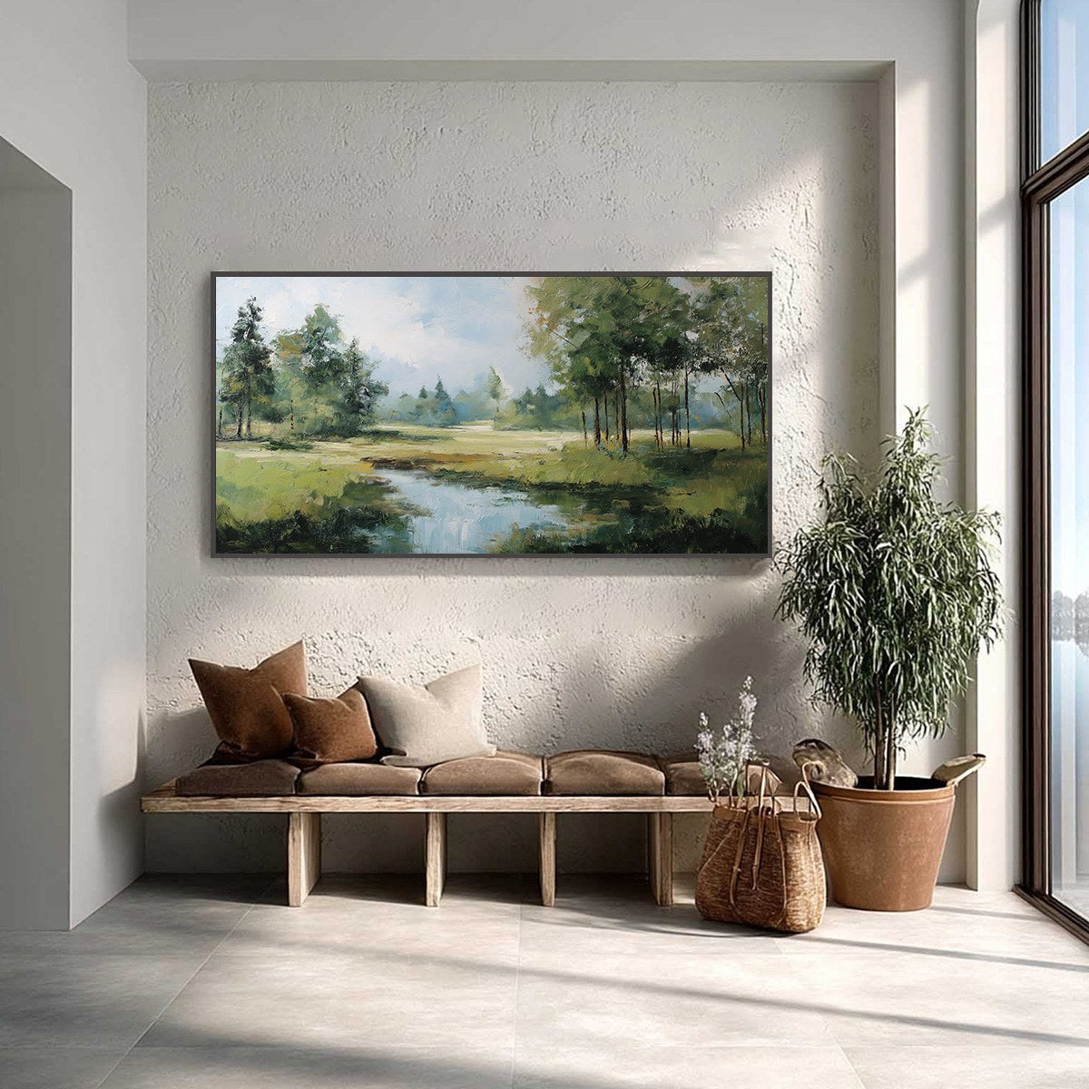 Emerald Sanctuary Green Forest River Landscape Oil Painting - Image 2