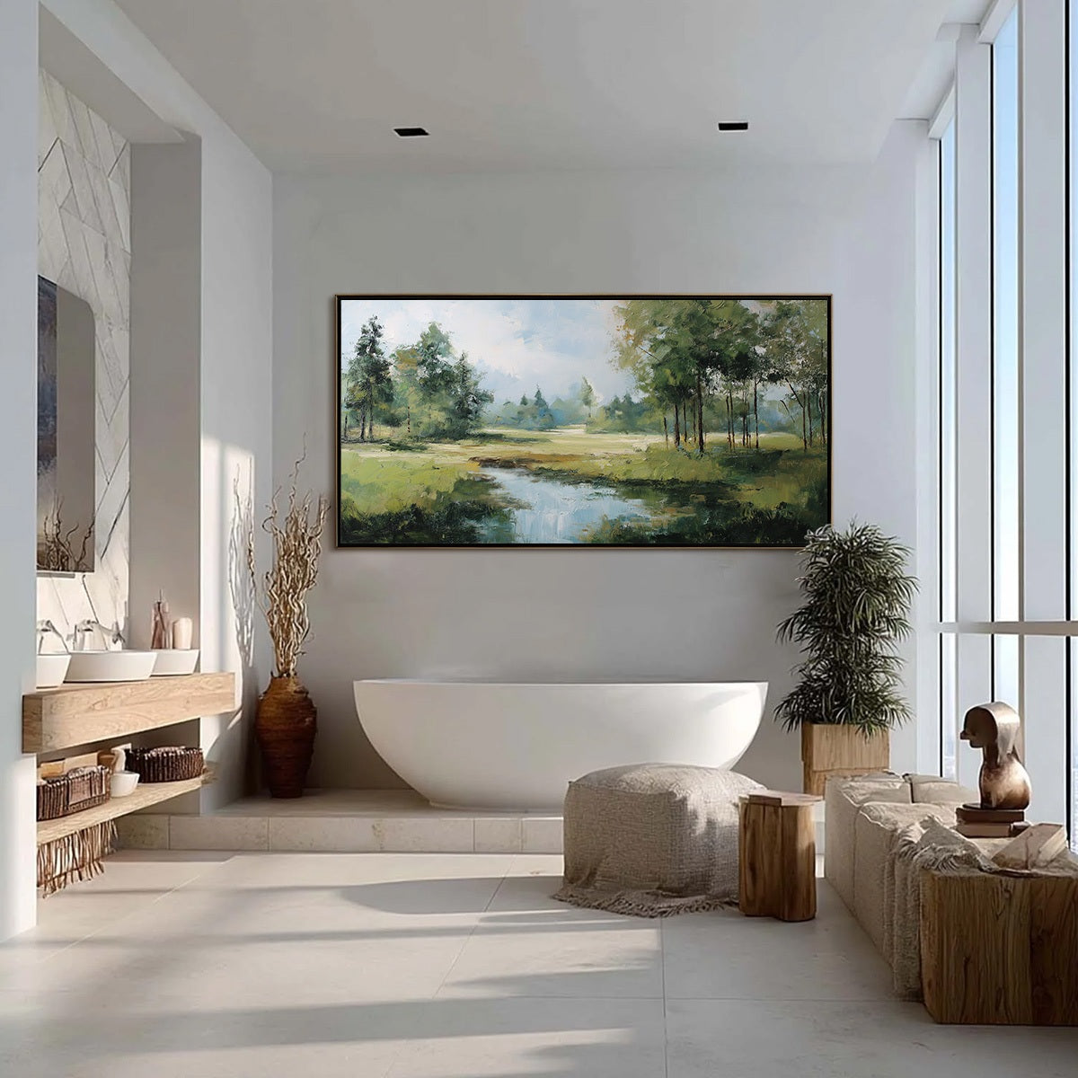 Emerald Sanctuary Green Forest River Landscape Oil Painting - Image 4