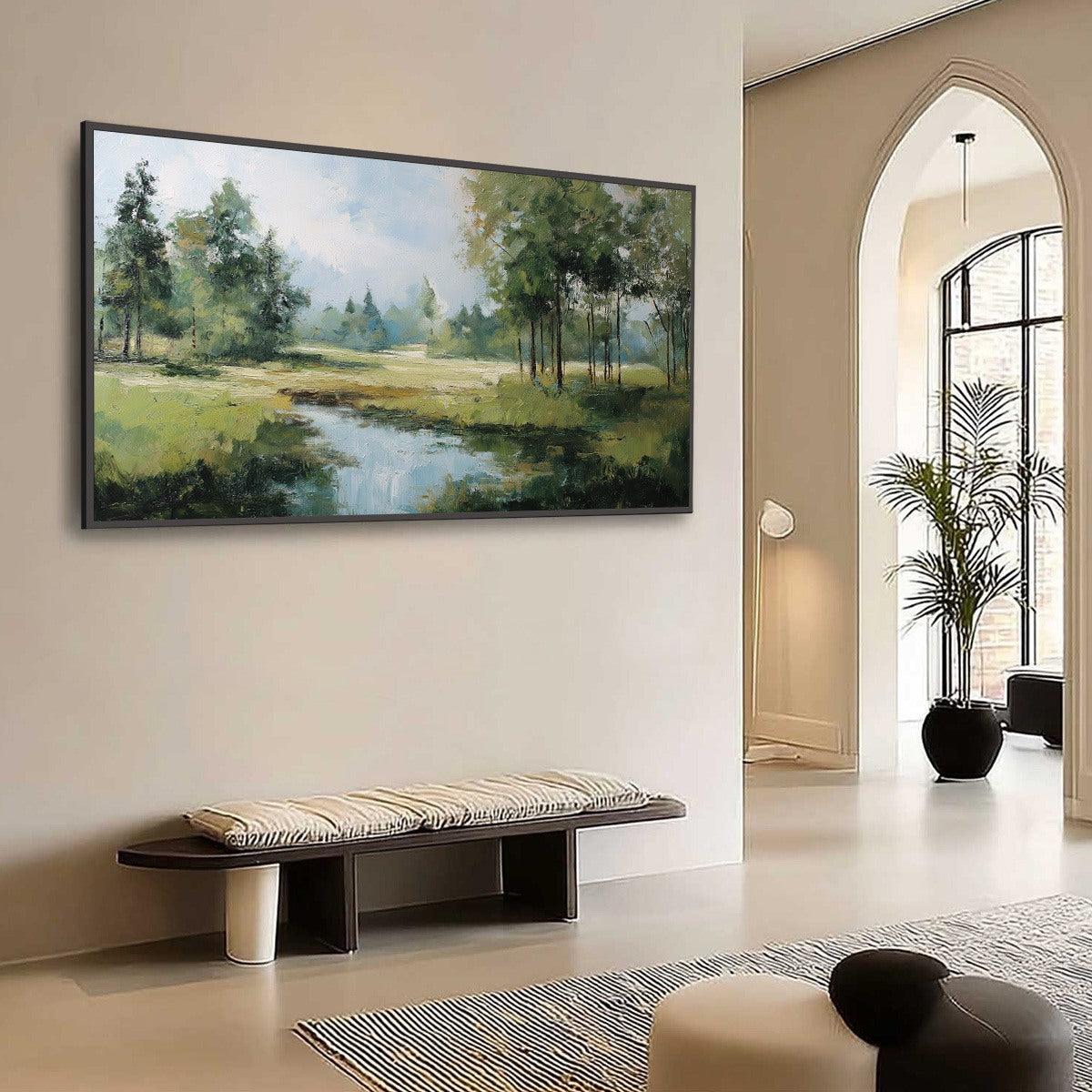Emerald Sanctuary Green Forest River Landscape Oil Painting - Image 7