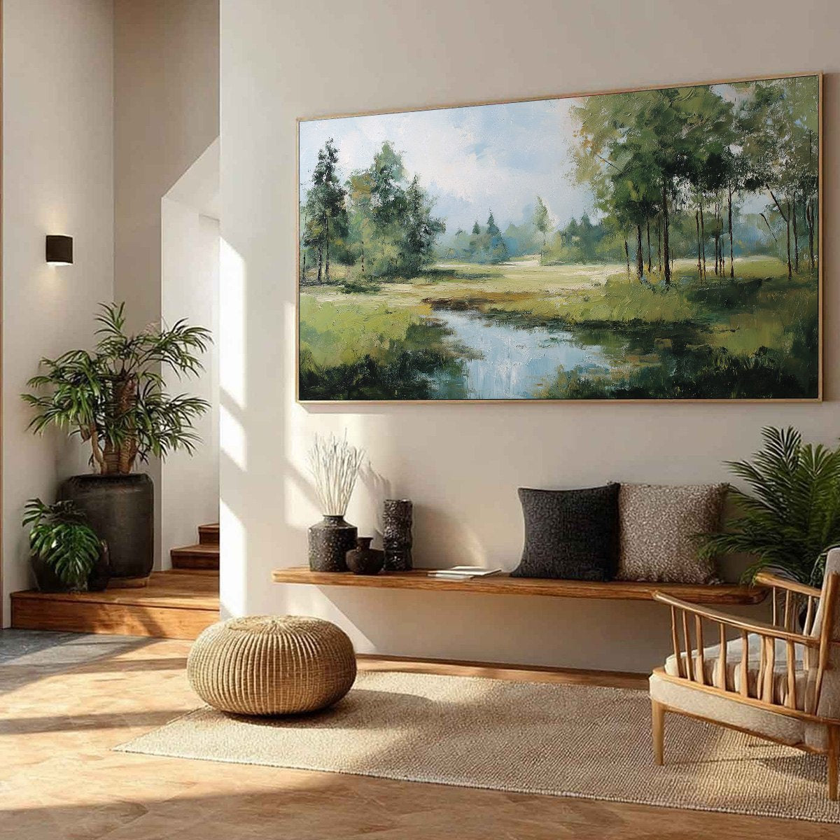 Emerald Sanctuary Green Forest River Landscape Oil Painting - Image 8