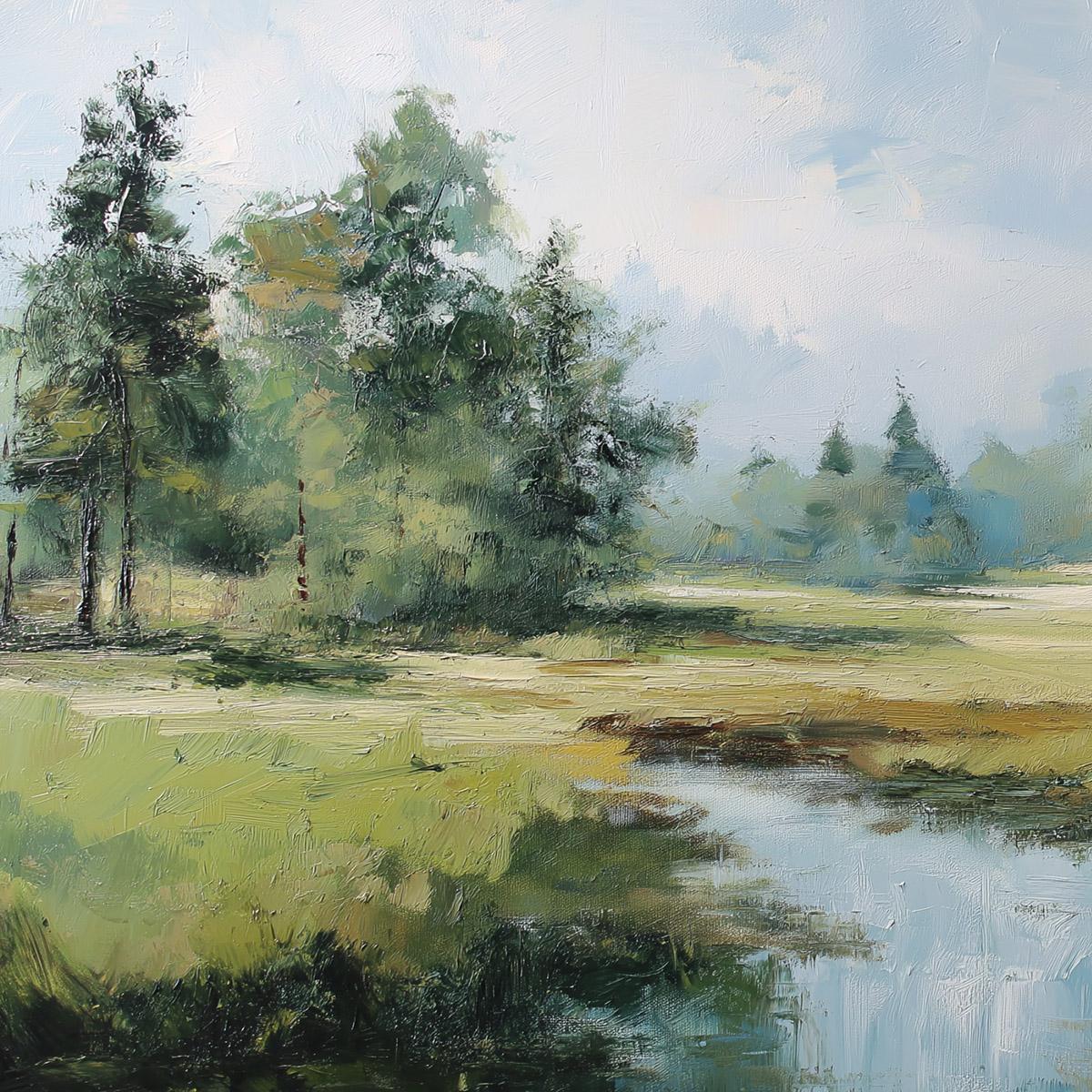 Emerald Sanctuary Green Forest River Landscape Oil Painting - Image 3