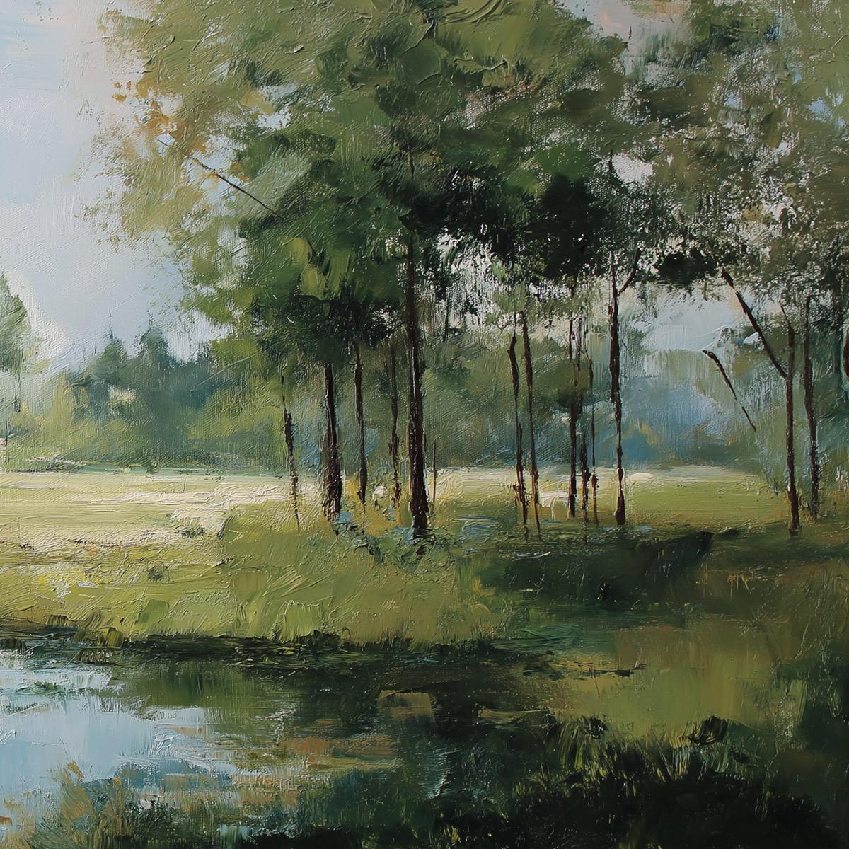 Emerald Sanctuary Green Forest River Landscape Oil Painting - Image 5