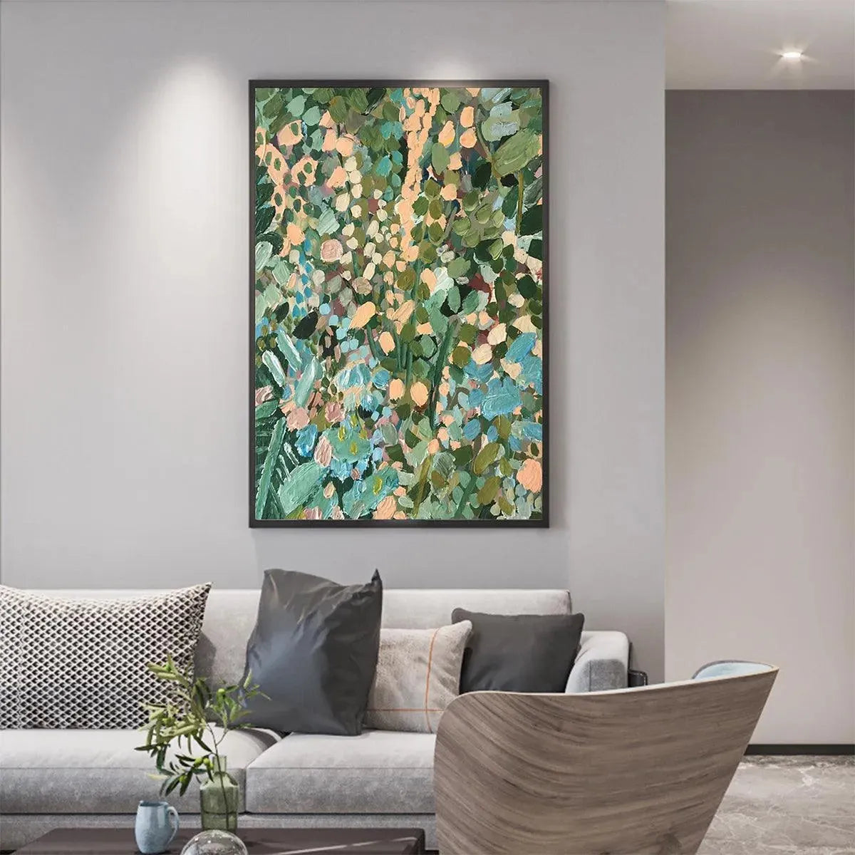 ENCHANTED GARDEN: Vertical Abstract Floral Painting in Green, Blue, and Peach - Image 7