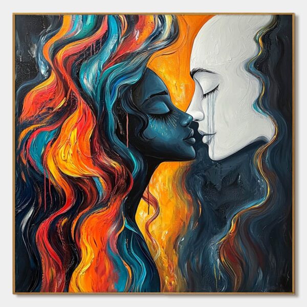 ETERNAL EMBRACE: Colorful Portrait Oil Painting of Two Lovers