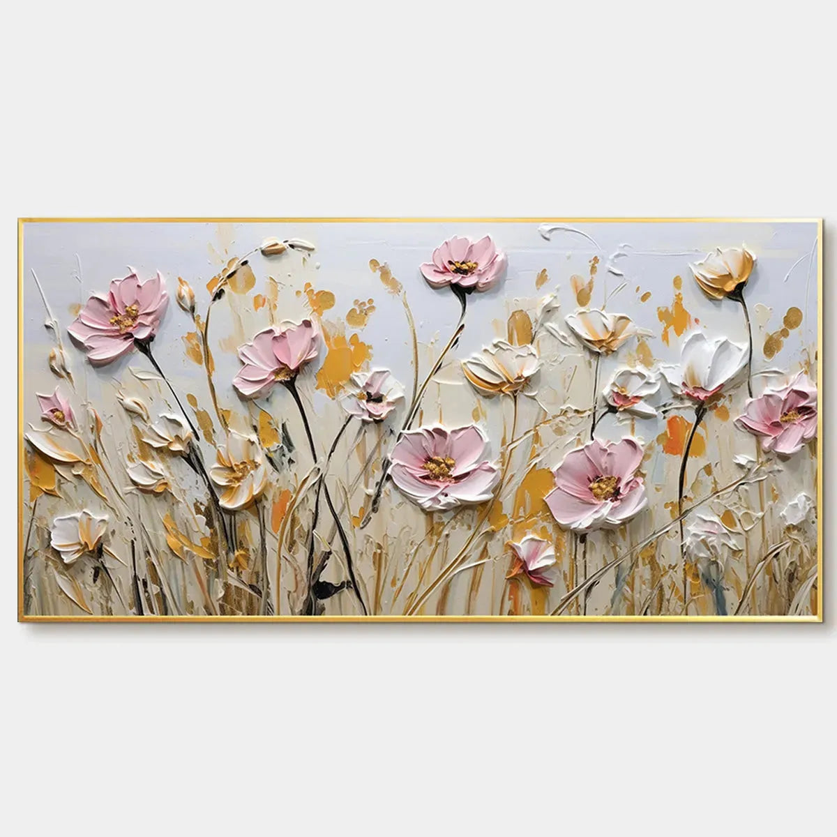 FIELD OF DREAMS: Horizontal Impasto Painting of Pink and White Flowers, Golden Field, Textured Wall Art