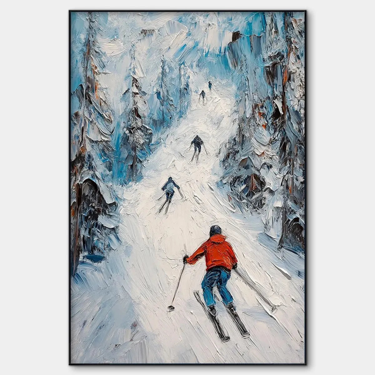 FIRST RUN: Textured Impasto Skiing Painting on Vertical Canvas