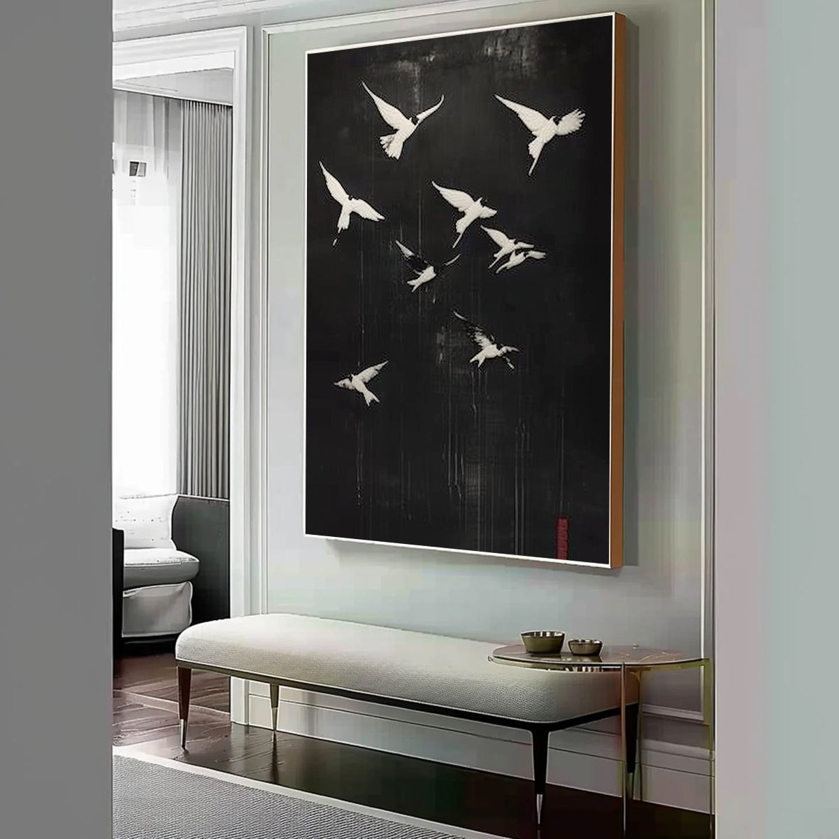 FLIGHT OF DREAMS: Minimalist Birds on Black Oil Painting - Image 6