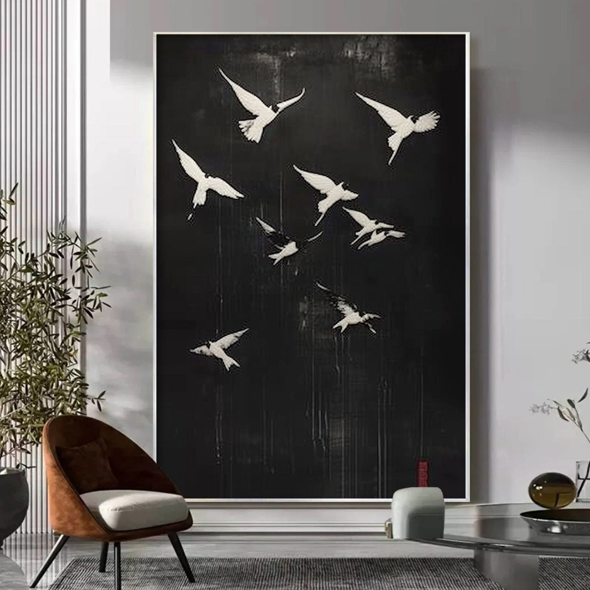 FLIGHT OF DREAMS: Minimalist Birds on Black Oil Painting - Image 4
