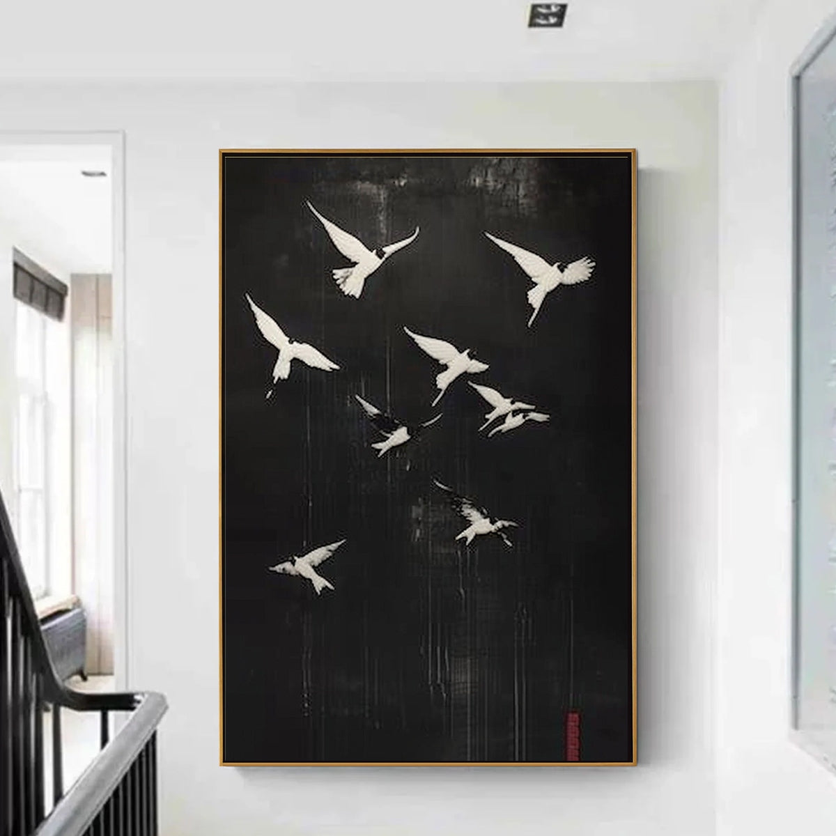 FLIGHT OF DREAMS: Minimalist Birds on Black Oil Painting - Image 2