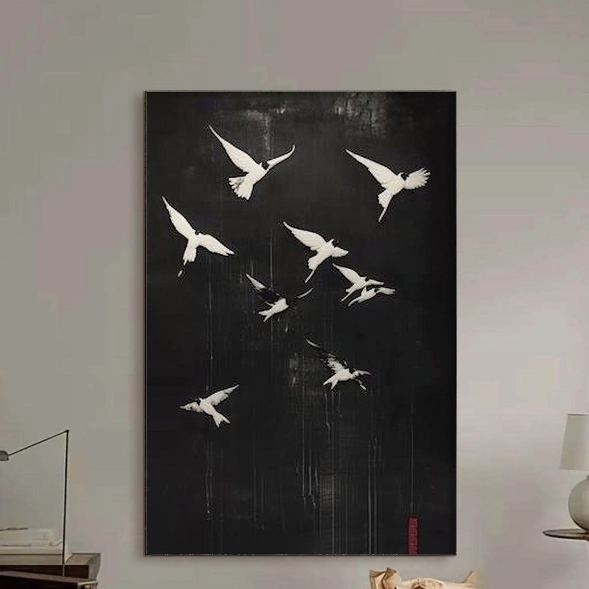 FLIGHT OF DREAMS: Minimalist Birds on Black Oil Painting - Image 7