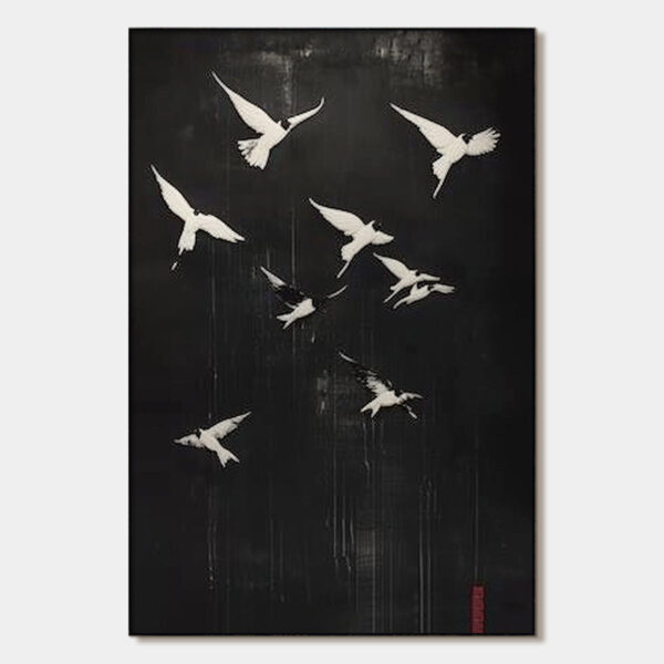 FLIGHT OF DREAMS: Minimalist Birds on Black Oil Painting