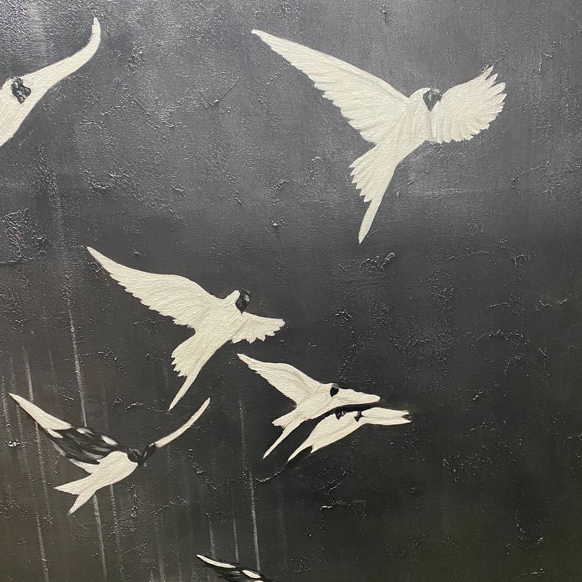 FLIGHT OF DREAMS: Minimalist Birds on Black Oil Painting - Image 3