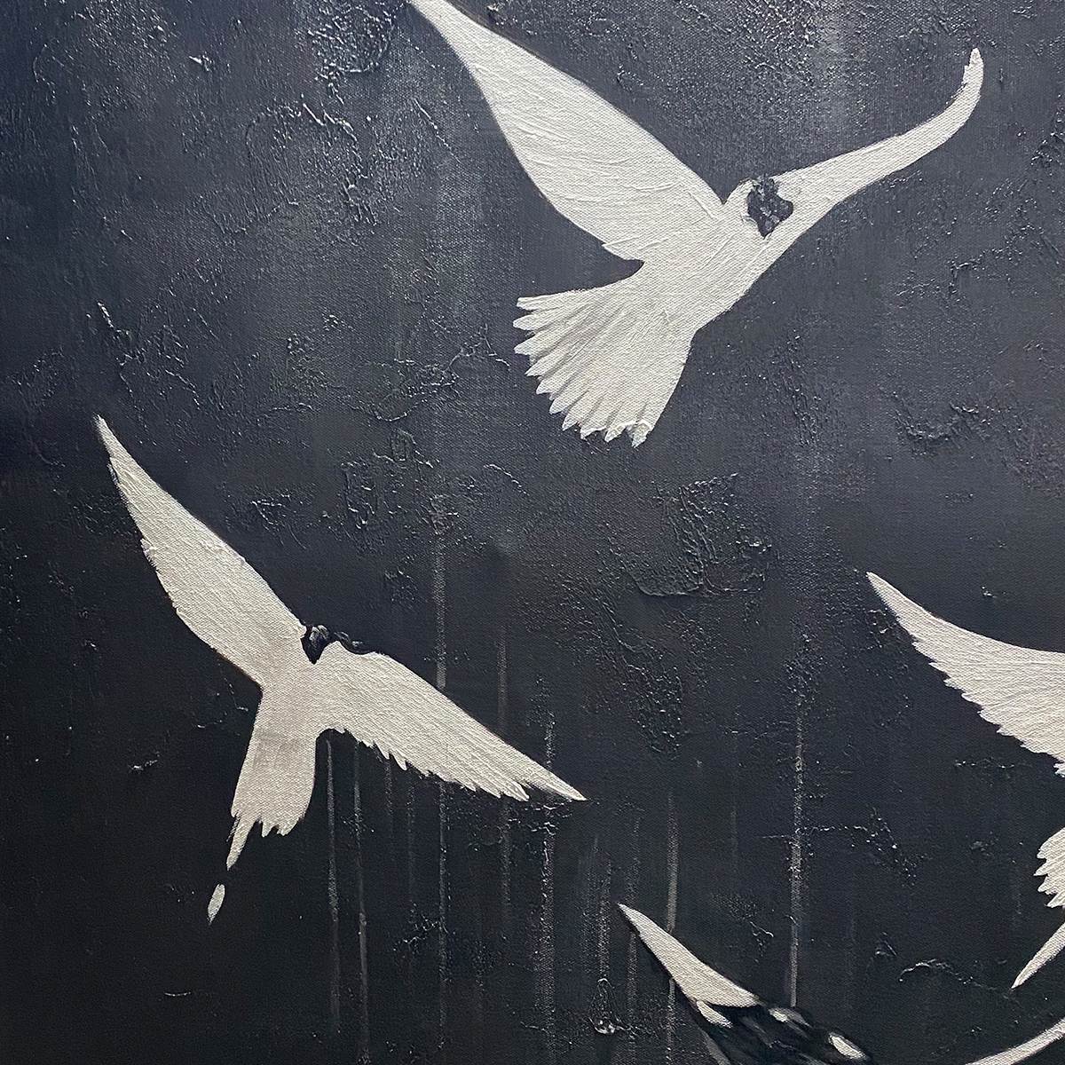 FLIGHT OF DREAMS: Minimalist Birds on Black Oil Painting - Image 5