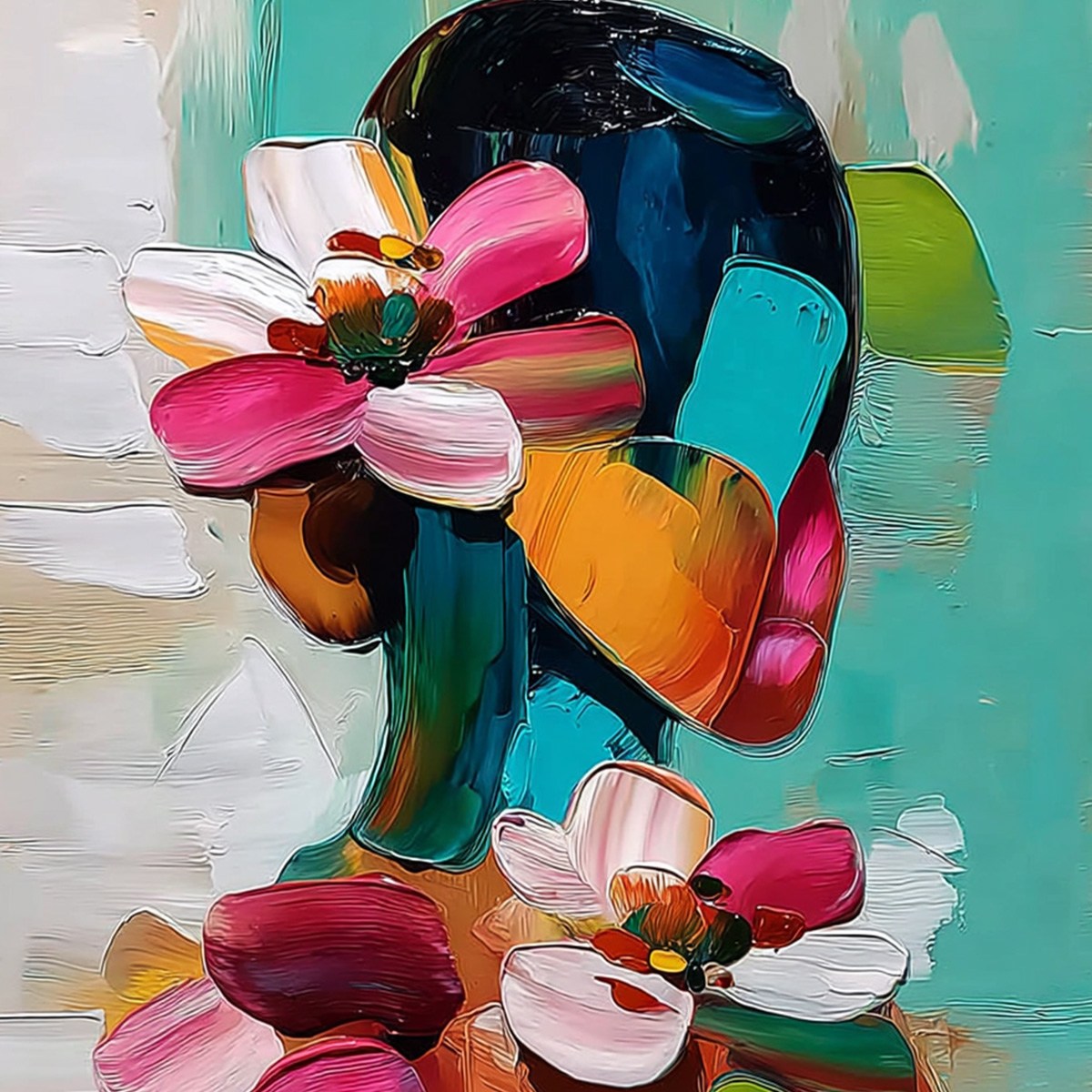 FLORAL ASCENSION: Colorful Abstract Floral Portrait Impasto Oil Painting - Image 3