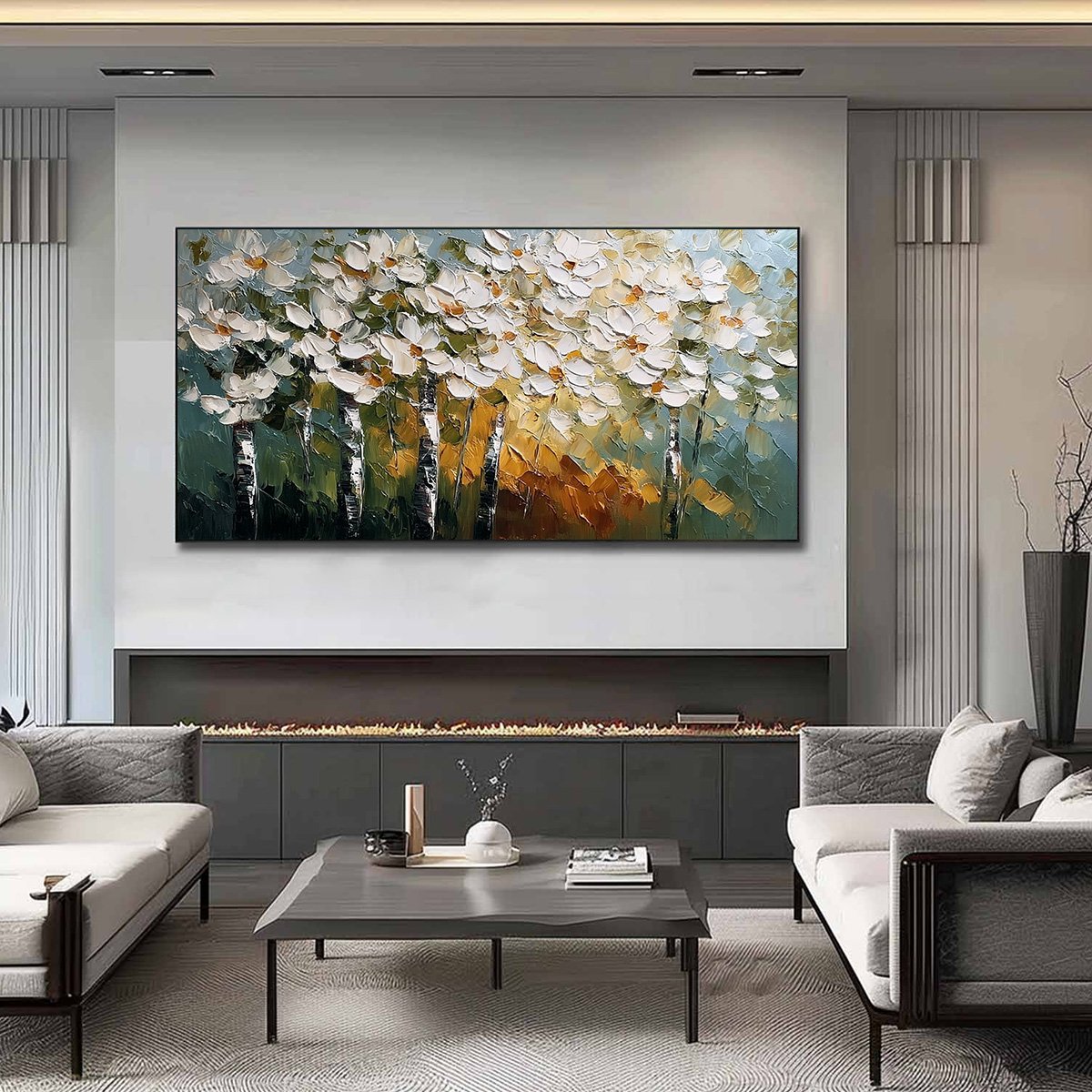 FOREST OF LIGHT: Heavily Textured Palette Knife Birch Tree Forest Painting - Image 2