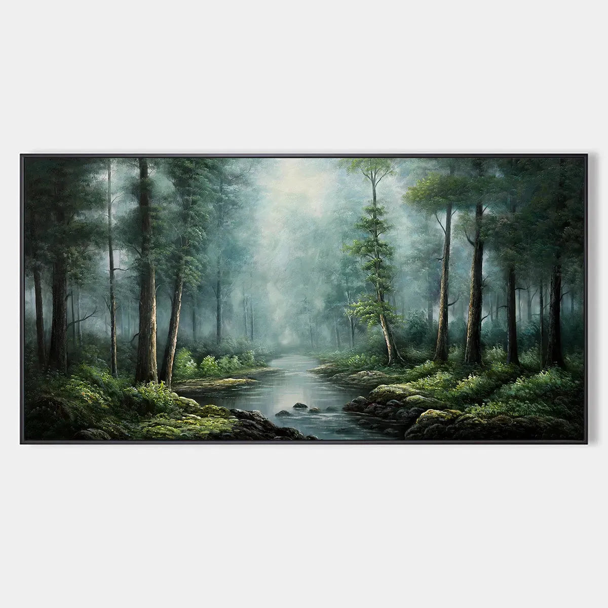 FOREST PATH: Panoramic Forest Painting with Stream, Misty Landscape, Canvas Wall Art